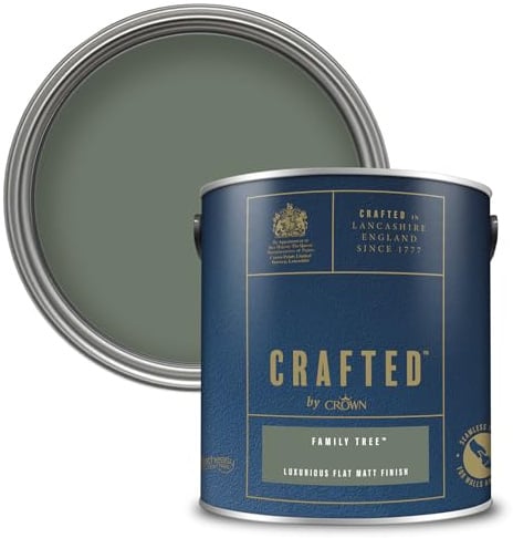 Crown CRAFTED Family Tree Matt Emulsion Dark Forest Green Paint 2.5L | Dark Forest Green velvety flat matt finish for interior walls, ceilings & wood. Soft to touch, hides imperfections, low VOC