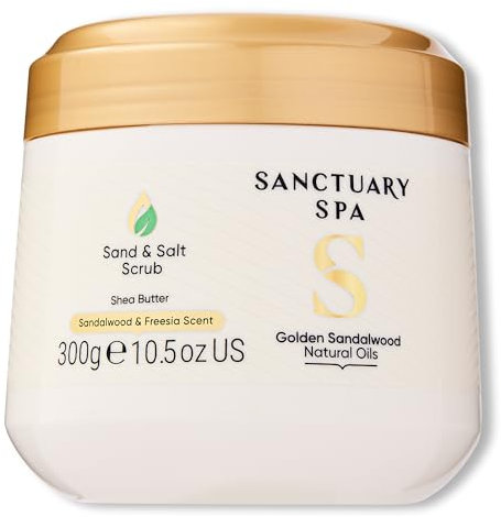Sanctuary Spa Golden Sandalwood Sand and Salt Scrub, 92% Natural Body Exfoliator, Mineral Oil Free, Cruelty Free & Vegan, 300g