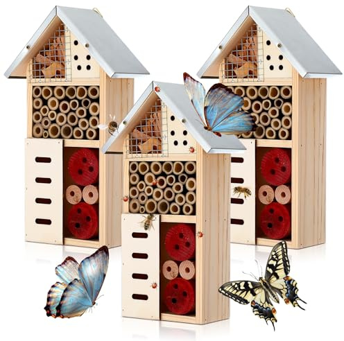 Maitys 3 Pcs Wooden Mason Insect Bee Hotel Butterfly House Natural Ladybug House Bug Hotel for Garden Outdoor Butterfly Ladybugs Live Bee Box Attracts Pollinators, 10 x 5.5 x 2.5 Inch