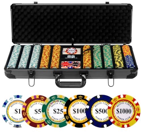 JIESITE Pokerchips-Set, 14 g, 500 Pokerchips, 39 mm, mit hochwertiger Aluminium-Tragetasche, 2 Decks aus Kunststoff-Spielkarten/Händlerknopf, für Pokerspiele, Blackjack, Texas Hold'em