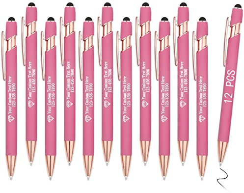 OXYEFEI Rosegold Kugelschreiber mit Gravur, 1mm 12Farben Optional mit Stiftspitze Personalisierte Stifte Hochwertig Metall Touchpen mit Text Muster oder Logo für Touchscreens(12 Stück, Rosa)