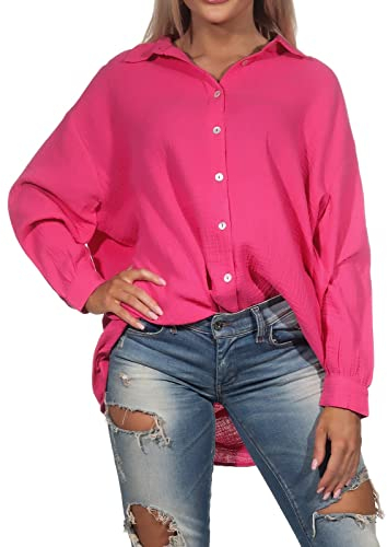 Sublevel Damen Long Musselin-Bluse LSL-450 Oversize Langarm-Hemd Dark Pink M/L