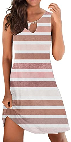 Sommerkleider Frauen Strand Blumen T-Shirt Sommerkleid Lässige Taschen Boho Tankkleid Kleid Mit Blumen Damen (XXL,d-Rosa)