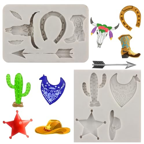 MYPRACS 2 Stück Stierkopf Silikonform Feder Pfeil Stiefel Hufeisen Huf Fondantform Kaktus Schokoladenform für Kuchendekoration Cupcake Topper Süßigkeiten Gummipaste Polymerton