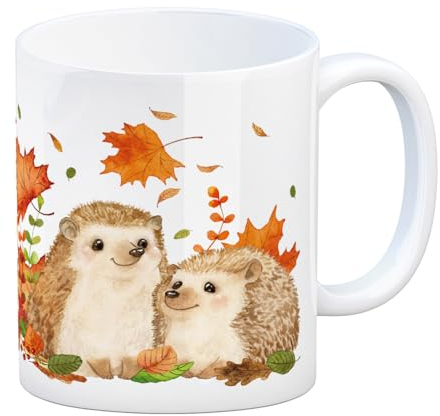 Igel im Herbst Kaffeebecher im Aquarell Stil eine bunte Tasse für die Arbeit mit Motiv Frauen Geburtstag Natur Kaffeetasse Zeichnung Waldtieren Becher Laub Spülmaschinenfest