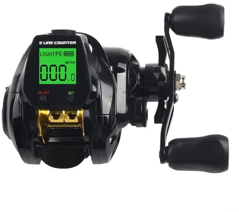 Angelrollen, Baitcaster-Angelrolle 7.2:1 Bissalarm Digitales Baitcasting-Angelrollen Linienzähler Tiefenanzeige, Angelrollen Max Drag 22LB (Schwarz rechte Hand)