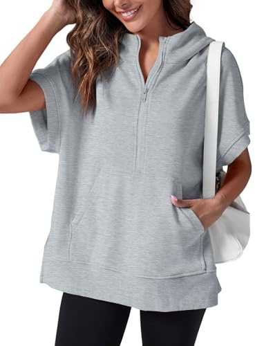 Fisoew Felpe da donna oversize con cerniera corta, a maniche corte, casual, felpe con tasche, Grigio chiaro, Medium