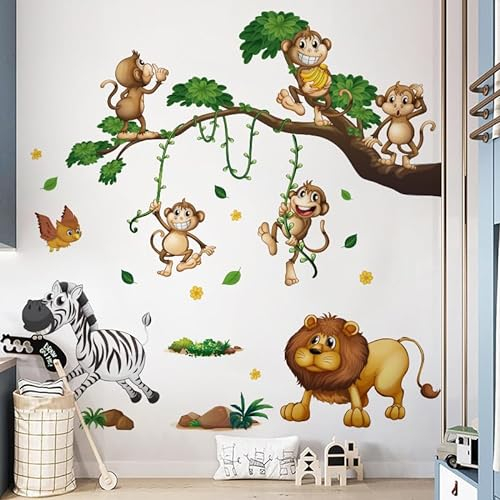 COVPAW Wandtattoo Affen Dschungel Löwe Schaukel Reben Wandaufklebe Kinderzimmer Affen Baum Wald Tier Wandsticker Babyzimmer Schlafzimmer Wanddeko