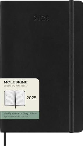 Moleskine Weekly Planner, Horizontale 12-Monats-Wochenplaner 2025, Weicher Einband und Elastischer Verschluss, Farbe Schwarz, Großes Format 13x21 cm