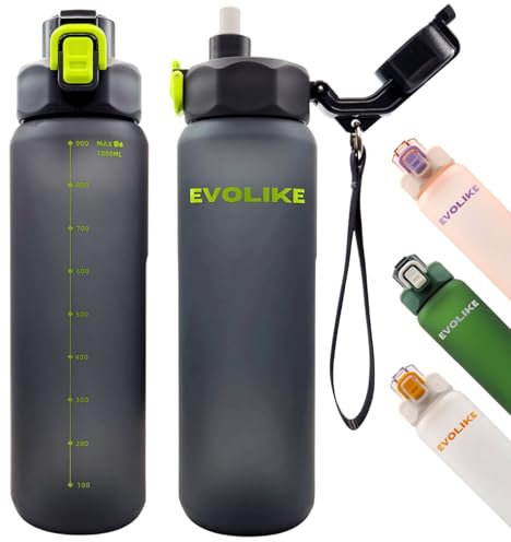 Evolike Trinkflasche Sport 1l mit Strohhalm 2-in-1 für Sport & Alltag | Auslaufsicher BPA-frei Rutschfest mit Skala & Griff | nicht spülmaschinengeeignet (Grau)