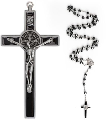 WANDIC Schwarzes Kruzifix, Kreuz-Halskette mit Rosenkranz, Kreuz Zum Aufhängen, Wandkreuz, Christliches Wandbehang Kreuz Wand, Jesus Kathlisches Dekor für Zuhause Beten, Innendekoration, Kommunion