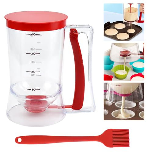 NAROSEBE Teigspender Teigportionierer 900ml Pfannkuchen Teigspender Kuchenspender Pfannkuchenteigspender Waffeleisen Teigspender Dosierer Messbecher Portionierer Teig Spender mit Deckel Bürste