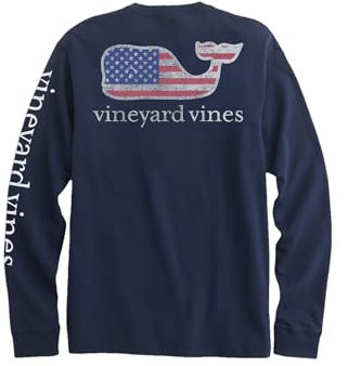vineyard vines Men's Flag Whale Long-Sleeve Pocket Tee, Blue Blazer, Medium