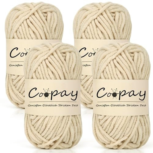 Coopay Chenille Chunky Wolle zum Häkeln Dickes Garn, 4 x 50g Dicke Wolle zum Stricken, Super Flauschig Weiches Wolle für Babydecke, Grobes Chenille-Garn für Hüte, Schals, Socken, Taschen - Beige