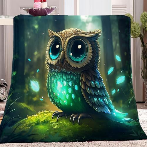 Anime-Stil, Tiere, Eule, Wald Flauschige Kuscheldecke, Weiche Flanell Sofadecke mit Grün Waschbare Decke für Kinder, Jungen & Erwachsene, Warme Tagesdecke 150x200 cm