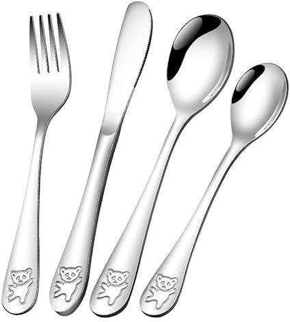 Couverts Enfant en INOX,4 Pièces Set de Couverts en INOX Enfant, 2 x Fourchette et 2 x Cuillère pour Enfant Bébé Maison l'école Utilisation (Ours, Argent)