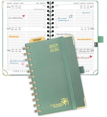 POPRUN Taschenkalender 2025 2026 Klein Ringbuch mit Hardcover, ca. A6 (16 x 10,5 cm) - Kalender 2025 2026 Klein (Aug.2025-Dez.2026) - Wochenplaner mit Vergoldete Schutzecken - Mitternachtsgrün