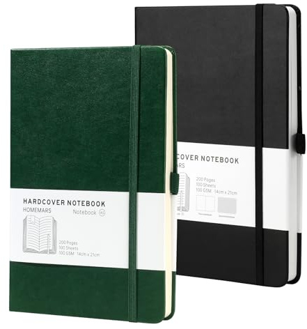 HOMEMARS Notizbuch, Notizbuch a5, Notebook, Hardcover Leader Bullet Dot Grid Journal,100 gsm Papier,14.5 X 21cm, Dotted,2 Stück, 200 Pages, mit Lesezeichen, Stiftschlaufe,Grün Schwarz