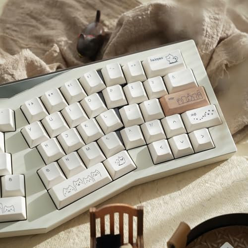 PBT Cute Cat Keycaps, Milk White Dye-Sublimation Keycap, 151 Keys Cherry Profile Keyboard Keycaps Set, Sand Dune Cat Custom Key Caps for Cherry MX Switches Mechanical Gaming Keyboard