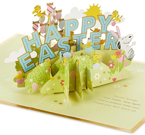 Hallmark Easter Card, PEANUTS SNOOPY & WOODSTOCK, 3D Pop Up, Blue, Green | Gold Foil Accent, Vibrant Colors, White Envelope, Recyclable, H9cm X W23.8cm X D17.3cm