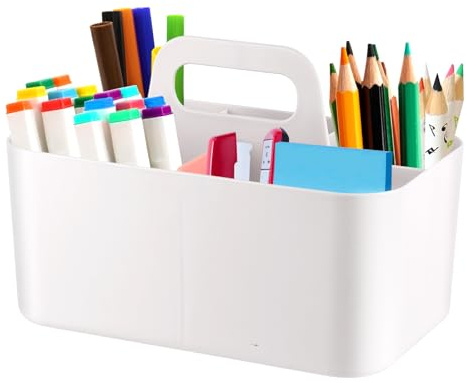 Esilihom Multipurpose Caddy Organizer, Stackable Storage Caddy with Handle, 5 Compartment Pen Organiser, Desk Storage for Bathroom, Office, Kitchen Cleaning (White)