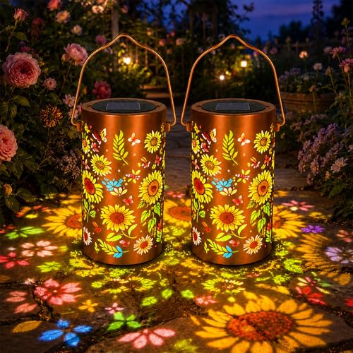 2 Stück Solarlampen für Außen Garten,Colorful Sunflower Glow Solar Garden Lantern,Wasserdicht Solarlampen für Außen Hängend,Metall Solar Gartenleuchten für Außen Garten Draußen Balkon