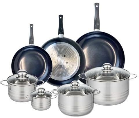 ELO 9752450 Batterie de cuisine 7 pièces, Ensemble de 3 Poêles de cuisson 24, 28 et 32 cm et 4 faitouts 12, 16, 20 et 24 cm Elo Prima Brillant, inox, induction, Noir