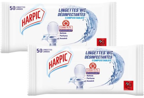 Harpic - Lot de 2 Sachet de 50 Lingettes Extra-large (=100 Normales) Lingettes Désinfectantes