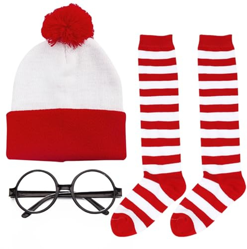 Mprocen Rot-weiße Bommelmütze und Nerd-Brille, Filme, Cosplay-Zubehör, rote und weiße Beanie-Mütze, gestreifte lange Socken, schwarze Nerd-Brille, Verkleidung für Erwachsene, Kinder, Halloween