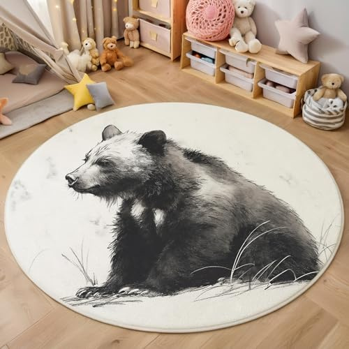 ALTCIRNMD Schwarz-Weiß Linie Bär Teppich Rund 120Cm Kurzflor - Waschbare Teppiche Wohnzimmer Aquarelltiere Durchmesser Kinderzimmer Bettvorleger Schlafzimmer rutschfest Weich