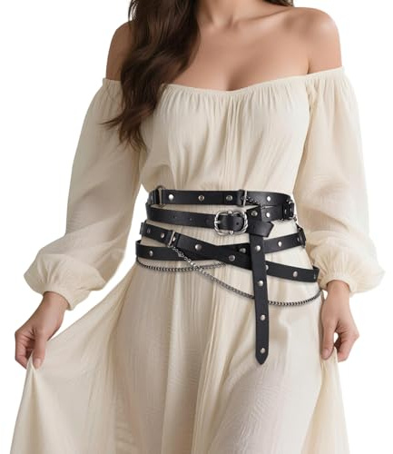 LEACOOLKEY Gürtel Damen Mittelalterlicher Wikinger Kettengürtel Gürtel mit Metallkette Gothic Piraten Verstellbarer Vintage Dünngürtel Retro