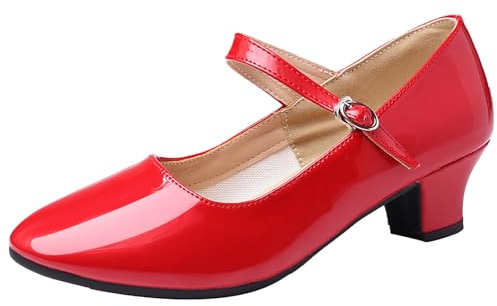 PPXID Women's Ankle Strap Character Shoes Prom Ballroom Dance Pumps for Flamenco Latin Swing Salsa Red 1.5 UK