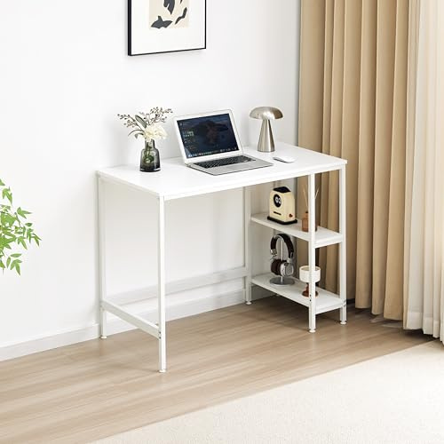 Garvishk Garvis Schreibtisch 100x50 cm (mit 2 Ablagefächern) – Gaming Tisch mit Regal – MDF Computertisch für Homeoffice (Weiß)
