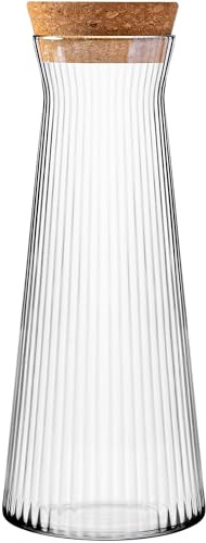 KONZEPT Carafe à eau avec couvercle – 1 litre, verre ondulé robuste, passe au lave-vaisselle, sans BPA, élégant et stable, avec bouchon en liège