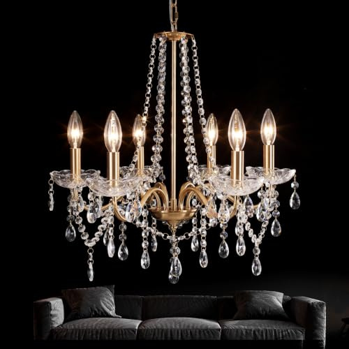 6 Flammig Moderner Gold Kristall Kronleuchter 50 cm 40W Höhenverstellbar | Kristall Goldene Hängelampe,E14 Metall Pendelleuchte Leuchte,Kronleuchter für Esszimmer,Wohnzimmer, Schlafzimmer, Küche