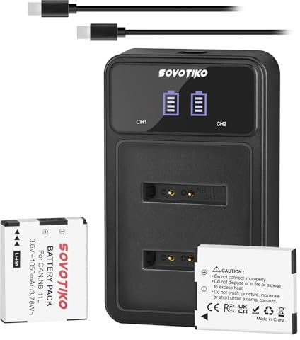 SOVOTIKO 2Pcs NB-11L Akku und Dual-Port-Ladegerät mit Typ-C für Canon IXUS 185, IXUS 190, IXUS 145 155 165 170,275 HS 240 HS 320 HS A2300, A2500, A2600,SX430 is,1050 mAh