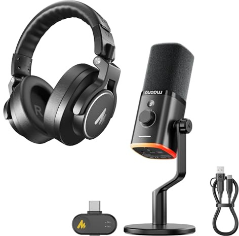 MAONO PD100W Wireless Gaming Microphone, 2.4GHz Wireless & USB Dynamic Mic with MH700 Professional Studio Headphones, Over Ear Headphones with 6.35 and 3.5mm Detachable Cables