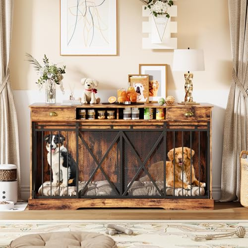 Dog Crate Furniture for 2 Dogs, 159 cm Large Wooden Dog Kennel with Removable Divider & Lockable Sliding Doors, Heavy Duty Double Dog Cage with 2 Drawers & 2 Open Shelvers for Large & Medium Dogs-brow