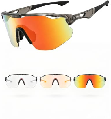 Meayll Fahrradbrille Herren Damen Selbsttönend, Photochrome Laufbrille UV400 mit Verstellbarem Nasenpad, 27g Leichte TR90 Sportbrille Sonnenbrille Schnelle Brille für Fahrrad, MTB, Outdoor, Rot