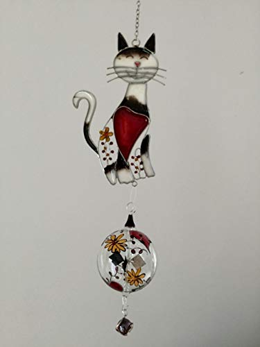 Lichtmühle mit Fenster Bild Tiffany-Art Katze, Lichtspiel, Sonnenmühle, Solar Radiometer,effektvolle Fensterdekoration, Glaskunst, Glasmalerei, 10 x 42 cm