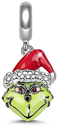GNOCE Grün Monster Charm Anhänger mit Weihnachtsmütze S925 Sterling Silber Verschiedene Weihnachten Charm Perlen für Armband Halskette Weihnachts Schmuck Geschenk (Grün)