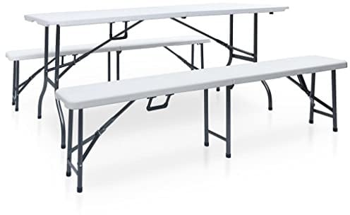 vidaXL Klappbarer Gartentisch mit 2 Bänken 180 cm Stahl und HDPE Weiß