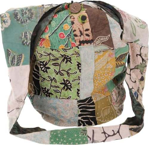 GURU SHOP Große Boho Schultertasche, großer Patchwork Shopper aus Baumwolle | Unisex, geräumig, großes Hauptfach, Reißverschlussfach, einzigartiges Design mit balinesischer Wachsbatik