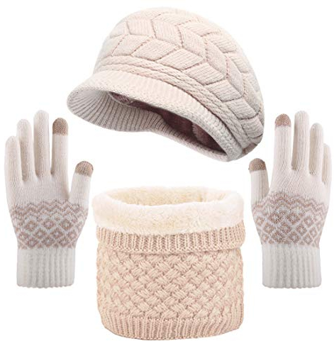 CheChury Strickmütze Winter Mütze Schal Handschuhe set mit Fleecefutter Barett Mütze Elastischer Halswärmer für Damen-Beige-One Size