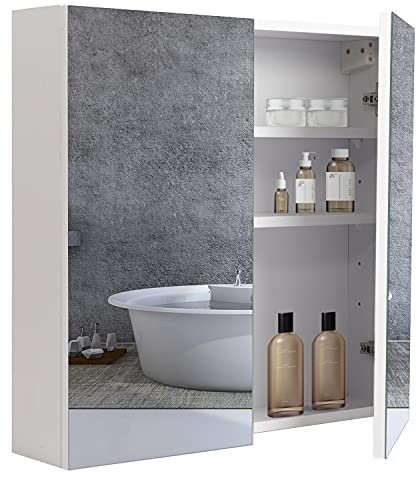 BELIWIN Wall-Mounted Mirror Cabinet White, 2-Door Mirrored Storage Cupboard, Adjustable Height Shelves Storage Unit (60 x 60 x 15 cm)