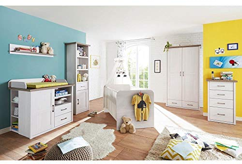 Lomadox Babymöbel Komplettset in Pinie weiß Nb./Trüffel Eiche Nb., Landhaus Design