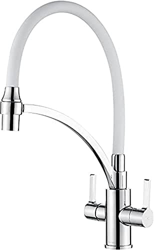 Ibergrif M22142-3 Grifo Cocina Blanco, Grifo Cocina Fregadero Doble Mango con 2 Modos, Fácil de Instalar, Grifo Cocina Flexible Giratorio 360° con Manguera de Silicona
