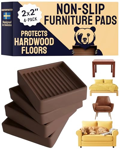CasterMaster Non Slip Furniture Pads- 2x2 Square Rubber Anti Skid Caster Cups, Leg Coasters- Couch, Chair, Feet, and Bed Stoppers- Anti-Sliding Floor Protectors for Furniture (Set of 4) Brown