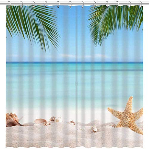 MEHOFOND Rideau de douche d'été plage en tissu polyester imperméable avec crochets, motif coquillage, étoile de mer, sable, feuilles de palmier, motif plage, rideau de douche 182,9 x 182,9 cm