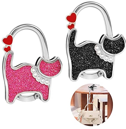 Gancio Borsa da Tavolo 2 Pezzi Gancio per Borsetta a Forma di Gatto Portaborsa da Tavola Pieghevole Appendiborsa Portatile Perfetto Regalo di Natale di Capodanno per Donne Ragazze Nero & Rosa